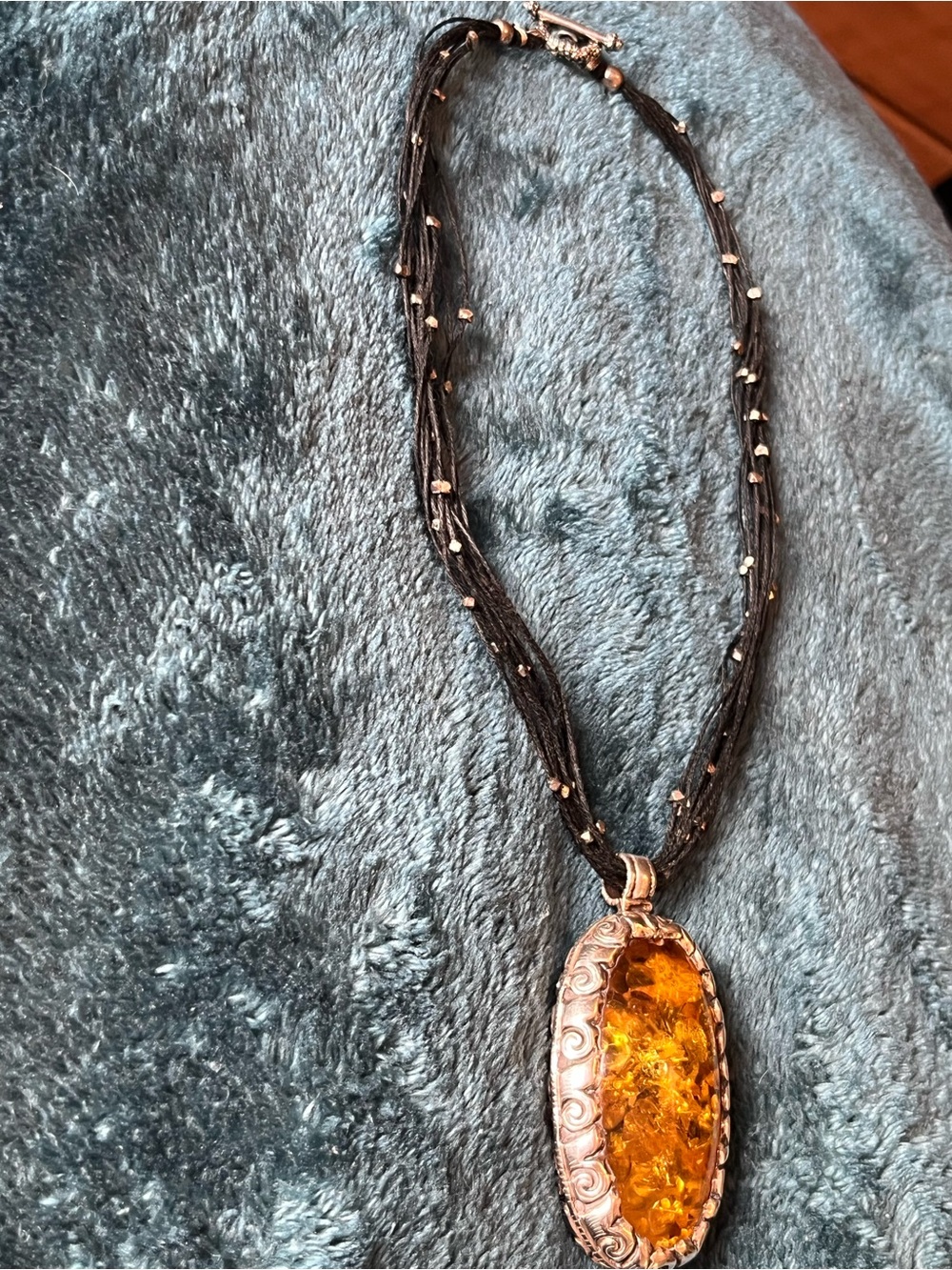 Gold Tone Baltic Amber/Silver Oval Pendant Necklace with Black Multi-Strand Cord - Picture 6 of 11